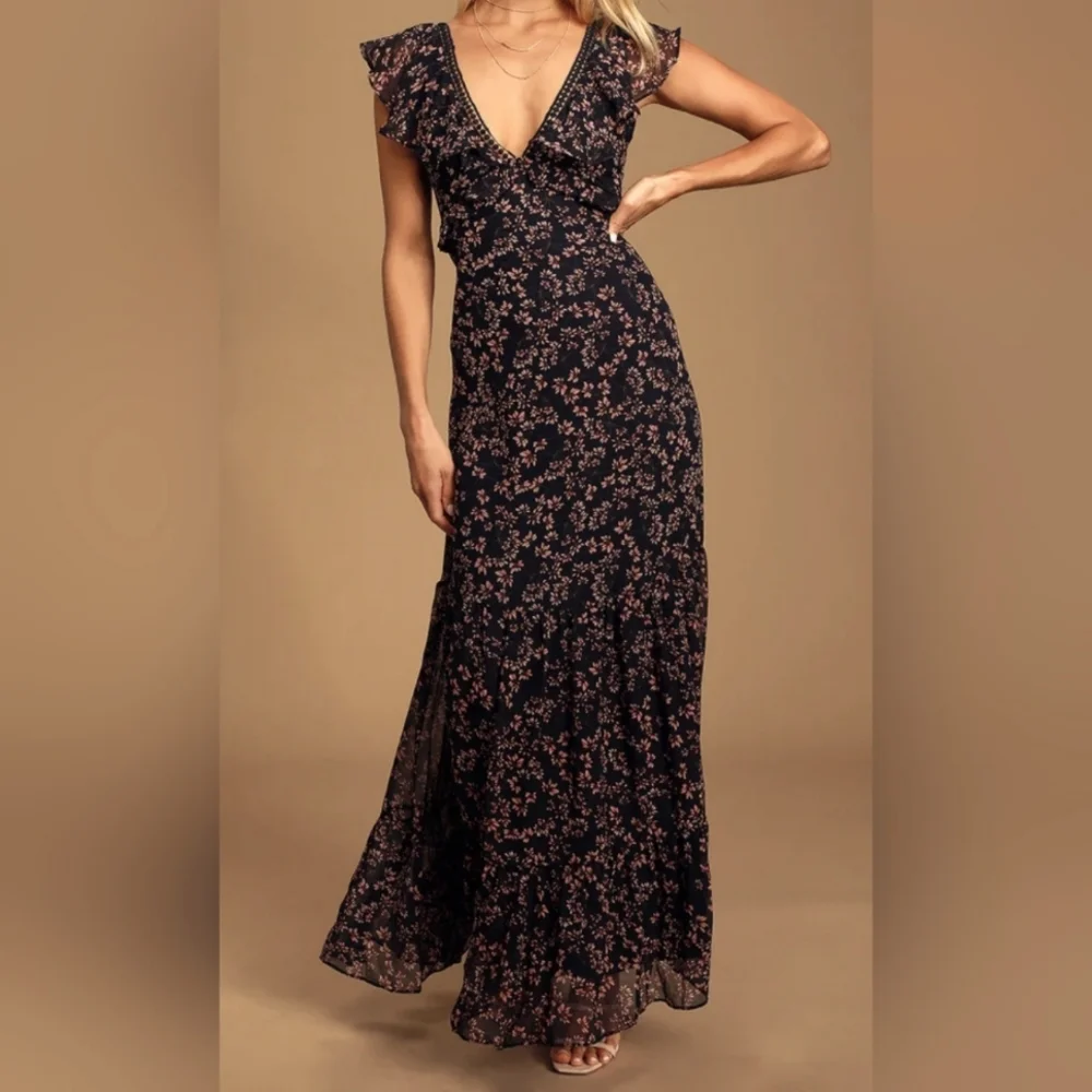 Lulu's Navy Blue and Pink Floral Maxi Dress - Picture 1 of 10